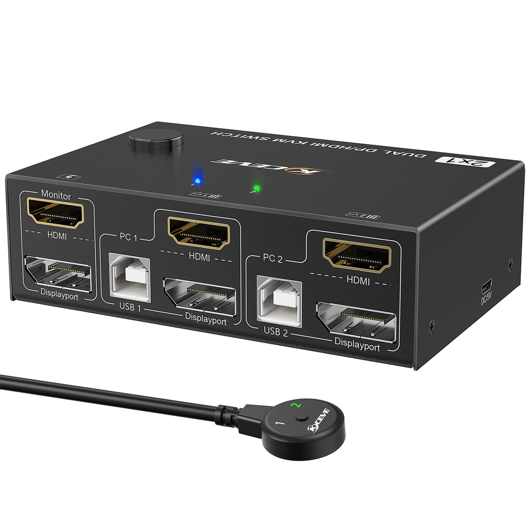 KVM Switch 2 Port Box, Displayport and HDMI Switcher for 2 Computers Sharing One HD Monitor and 4 USB Devices Keyboard Mouse Printer, with DP to HDMI Adapter Function