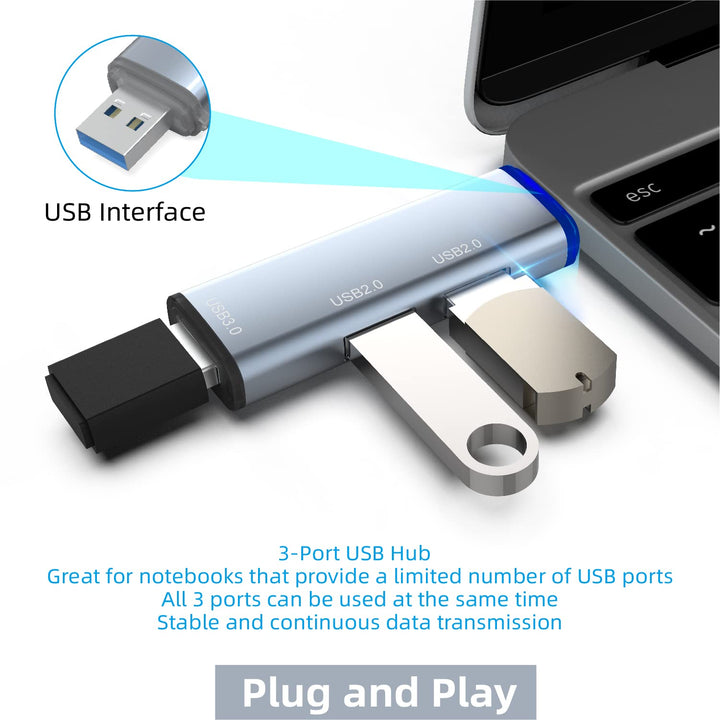 USB 3.0 Hub Splitter, 3-Port Data USB Hub Extender with USB C Adapter Applicable for iMac Pro, MacBook Air, Mac Mini/Pro, Surface Pro, Notebook PC, Laptop, USB Flash Drive, grey (106)