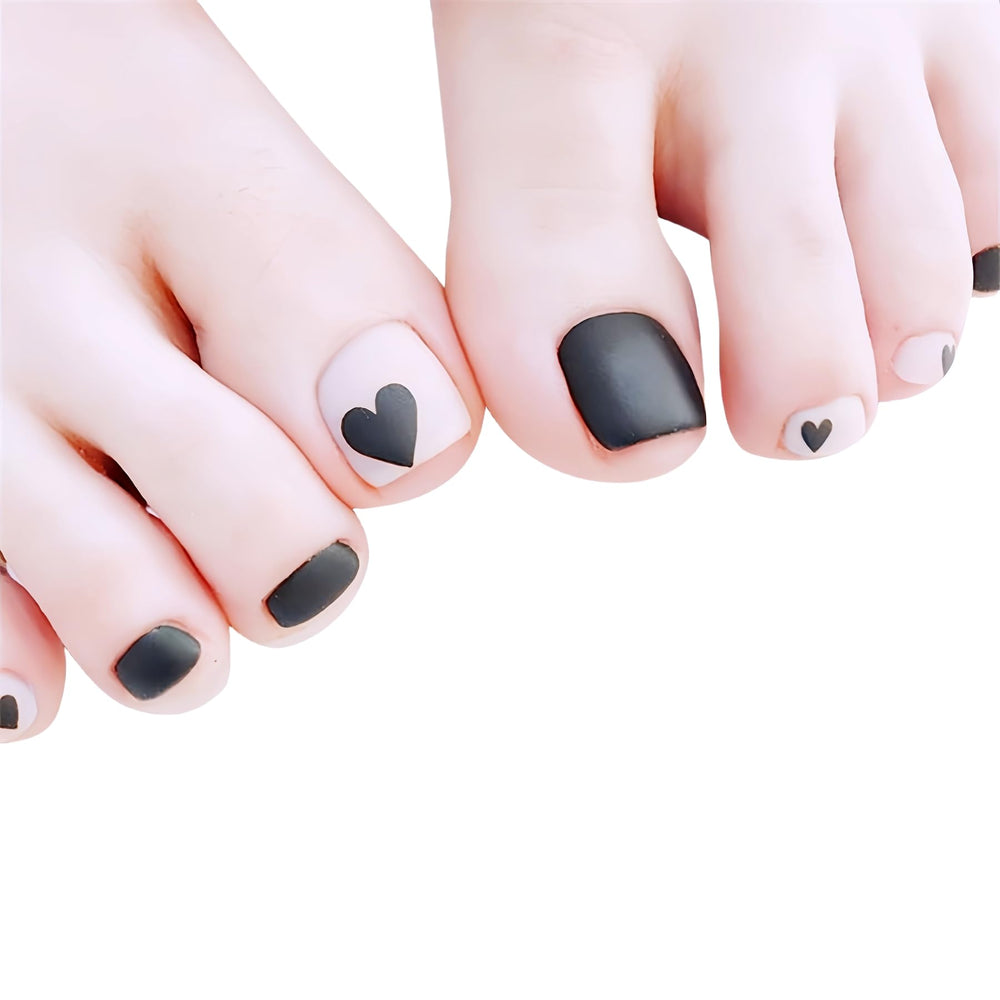 24pcs Short Matte Black Fake Toenails for Women Toe Nail Tips with Glue Acrylic Full Cover Press On Toenails Decals