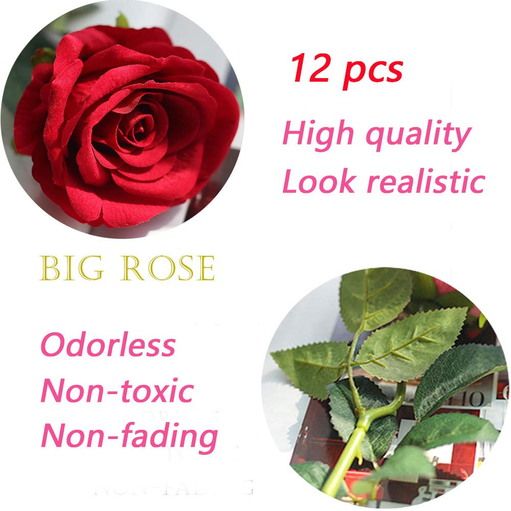 Artificial Silk Rose Flowers 12pcs Real Looking Fake Big Roses Velvet Roses Bridal Bouquet Wedding Home Kitchen Decorations or Gift (Red)