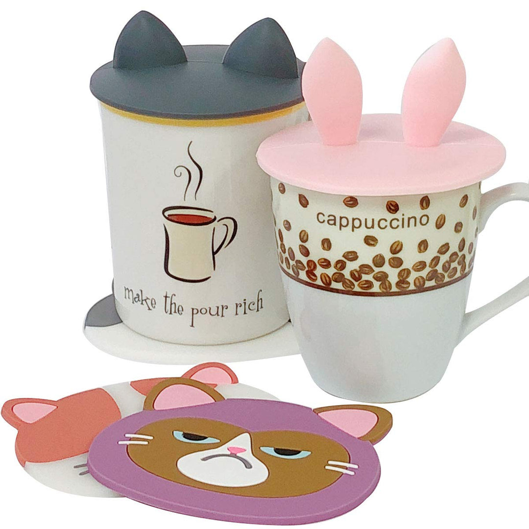 ® Animal Ears Silicon Cup Lids, Anti-Dust Airtight Mug Covers for Hot and Cold Beverages (Set of 6)