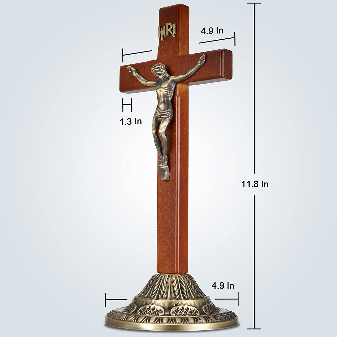 Crucifix Wall Cross, Catholic Wooden Standing Crucifix with Jesus Christ and INRI for Hanging and Standing - 12 Inch