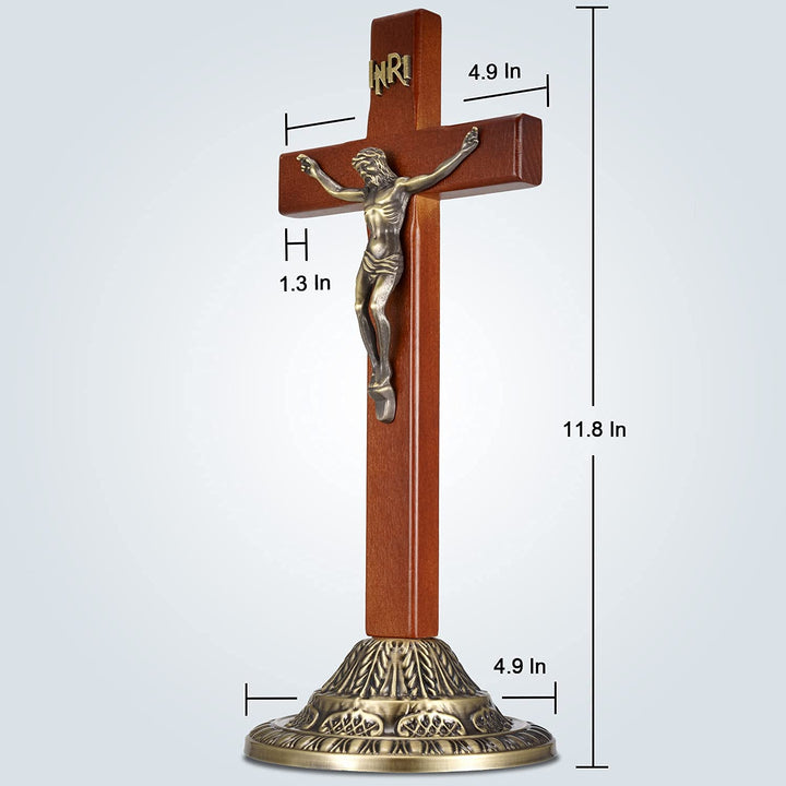 Crucifix Wall Cross, Catholic Wooden Standing Crucifix with Jesus Christ and INRI for Hanging and Standing - 12 Inch