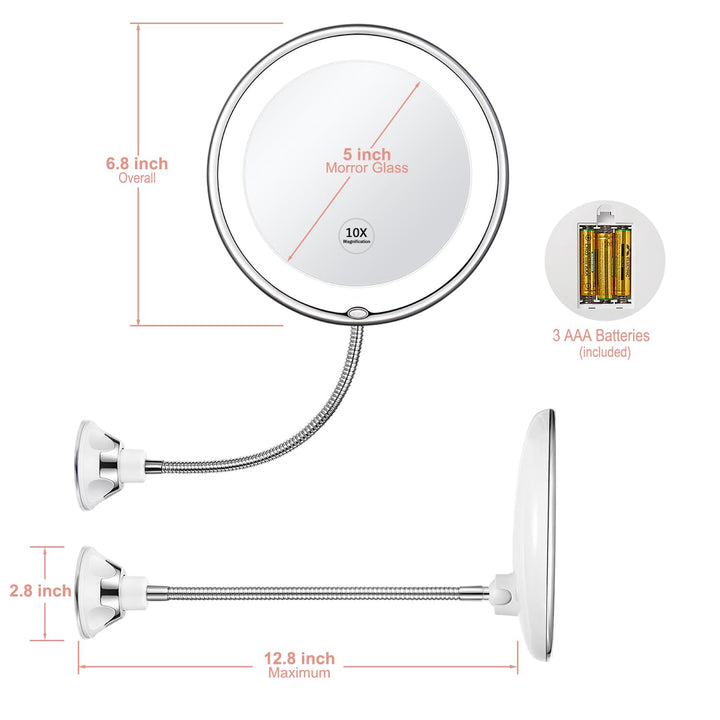 Flexible Gooseneck 6.8 10X Magnifying LED Lighted Makeup Mirror, Bathroom Magnification Vanity Mirror with Suction Cup, 360 Degree Swivel, Daylight, Battery Operated, Cordless &amp; Travel Mirror