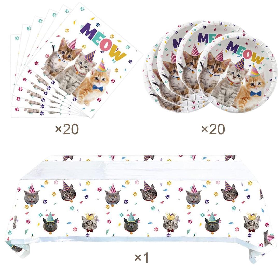 Cat Party Supplies Tableware,20 Plates and 20 Napkins and Tablecloth71 &#39;&#39; x 42 &#39;&#39;,Kids Cat Birthday Theme Party Decorate Supplies