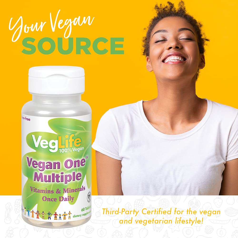 VegLife Vegan One Multiple, Iron-Free | Once Daily Multivitamin &amp; Mineral Complex | Certified Vegan | 60 Tabs, 60 Serv.