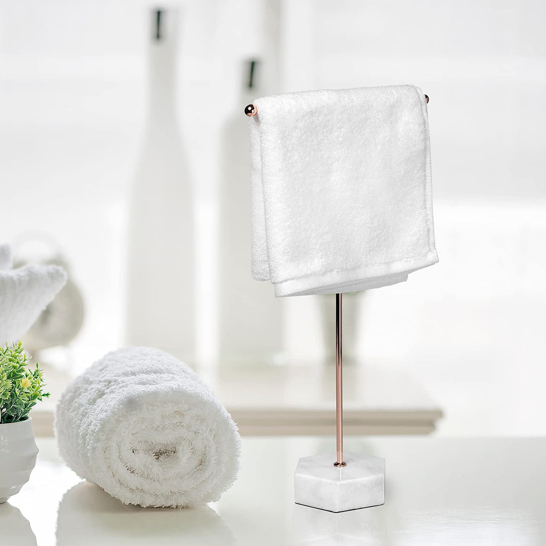 MyGift Modern Rose Gold Metal Countertop T-Bar Hand Towel Holder Stand, Bathroom Washcloth Drying Rack with Hexagonal White Marble Base