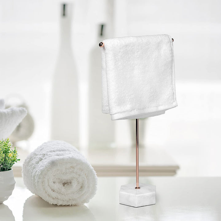 MyGift Modern Rose Gold Metal Countertop T-Bar Hand Towel Holder Stand, Bathroom Washcloth Drying Rack with Hexagonal White Marble Base