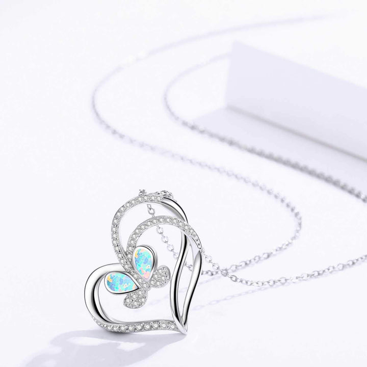 925 Sterling Silver with White Opal Butterfly Necklace, Double Heart with Cubic Zircon Butterfly Jewelry Mother Day Gift for Women Girlfriend Daughter with Gift Box (Opal Butterfly Necklace)