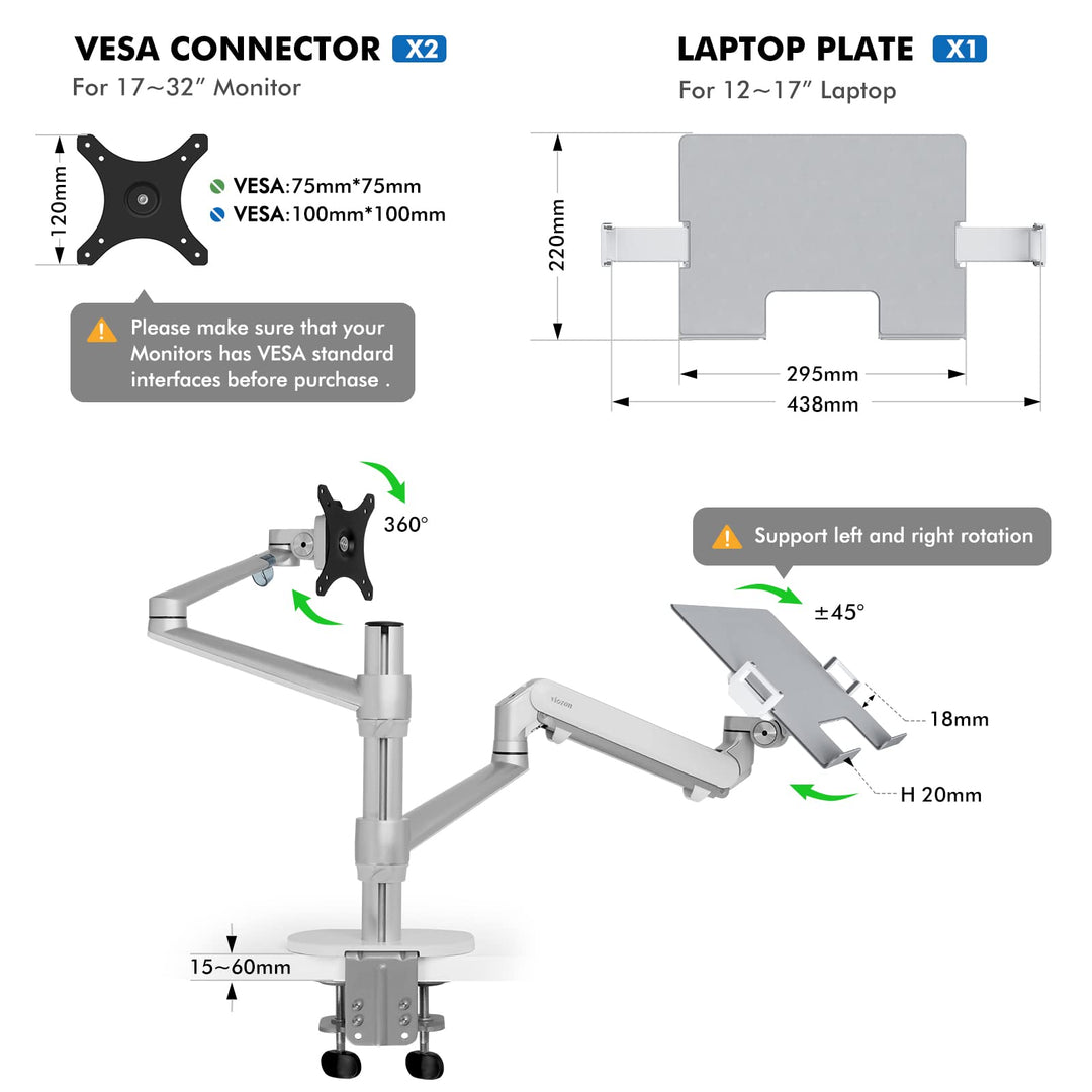 Monitor and Laptop Mount, 2-in-1 Adjustable Dual Monitor Arm Desk Stand, Single Gas Spring Arm with Laptop Tray for 12-17 Laptop. Single Arm Stand/Holder for 17-32 Computer Monitor(3L-Pro-b)