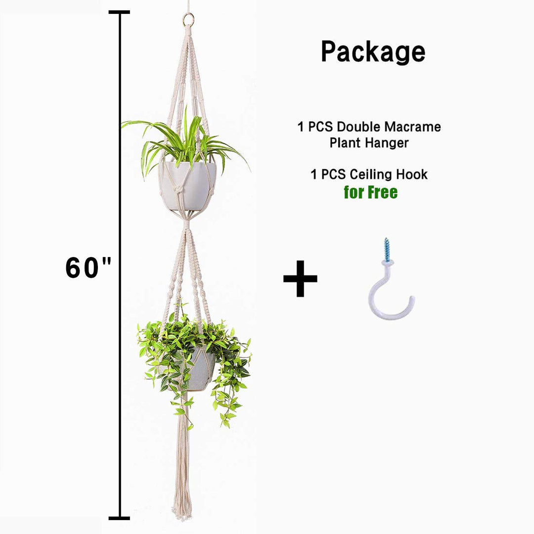 2 Tier Macrame Plant Hanger Handmade Double Indoor Hanging Planter Pot Holder - Modern Boho Home Decor - 1 PCS Ceiling Hook