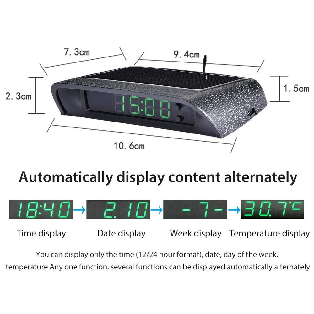 Car Clock Digital Solar Powered Car Electronic Clock Stick-On Luminous Car Clock Dashboard Auto Clock Car Watch Clock, with Adjustable Brightness, Date, Temperature