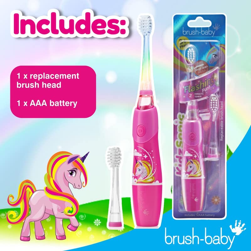 Brush Baby KidzSonic Toddler and Kid Electric Unicorn Toothbrush for Ages 3+ Years - Disco Lights, Gentle Vibration, and Smart Timer Provide a Fun Brushing Experience - 3+ yrs with Brush Heads