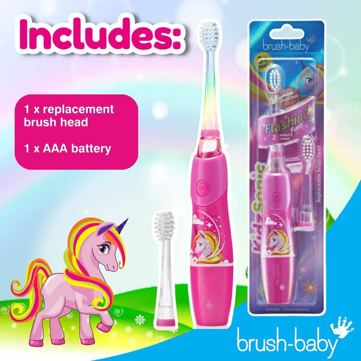 Brush Baby KidzSonic Toddler and Kid Electric Unicorn Toothbrush for Ages 3+ Years - Disco Lights, Gentle Vibration, and Smart Timer Provide a Fun Brushing Experience - 3+ yrs with Brush Heads