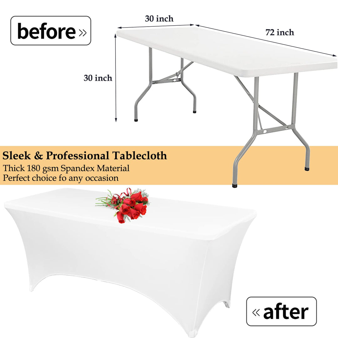 5 Pack Stretch Spandex Table Cover for 6 Ft Table, Washable and Wrinkle Resistant Stretchable Tablecloth, Rectangular Fitted Patio Tablecloth Protector for Wedding Event Banquet Parties-White