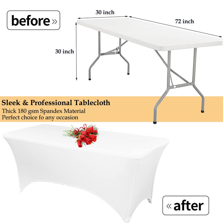 5 Pack Stretch Spandex Table Cover for 6 Ft Table, Washable and Wrinkle Resistant Stretchable Tablecloth, Rectangular Fitted Patio Tablecloth Protector for Wedding Event Banquet Parties-White