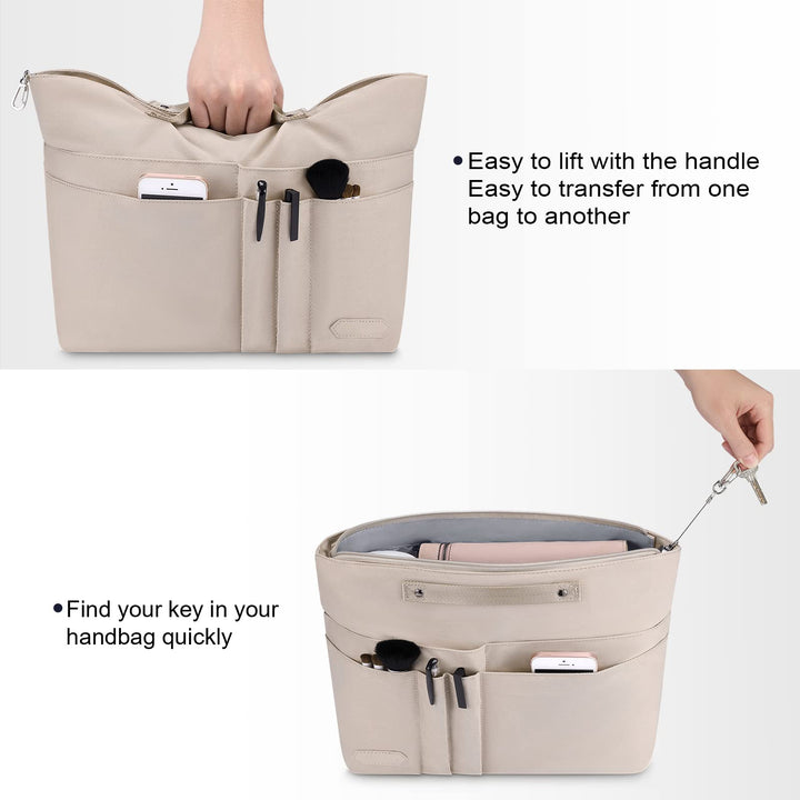 Purse Organizer Insert for Handbags,Tote Bag, Zipper Bag for Women with 15 Pockets, Beige
