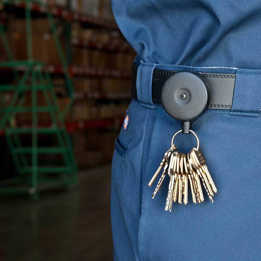 KEY-BAK Original Chain Retractable Key Holder with 24 Stainless Steel Chain, Black Front, Steel Belt Clip, 8 oz. Retraction, Split Ring, Black Vinyl (#5B)