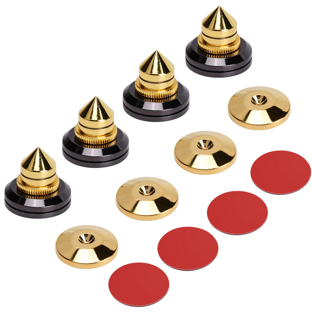 4PCS Golden Speaker Isolation Spikes with Plated Speaker Spikes Pads Mat, Speaker Spikes & Speaker Spike Pad Kit with Double-Sided Adhesive for Subwoofer CD DVD Player Audio Amplifier Recorder