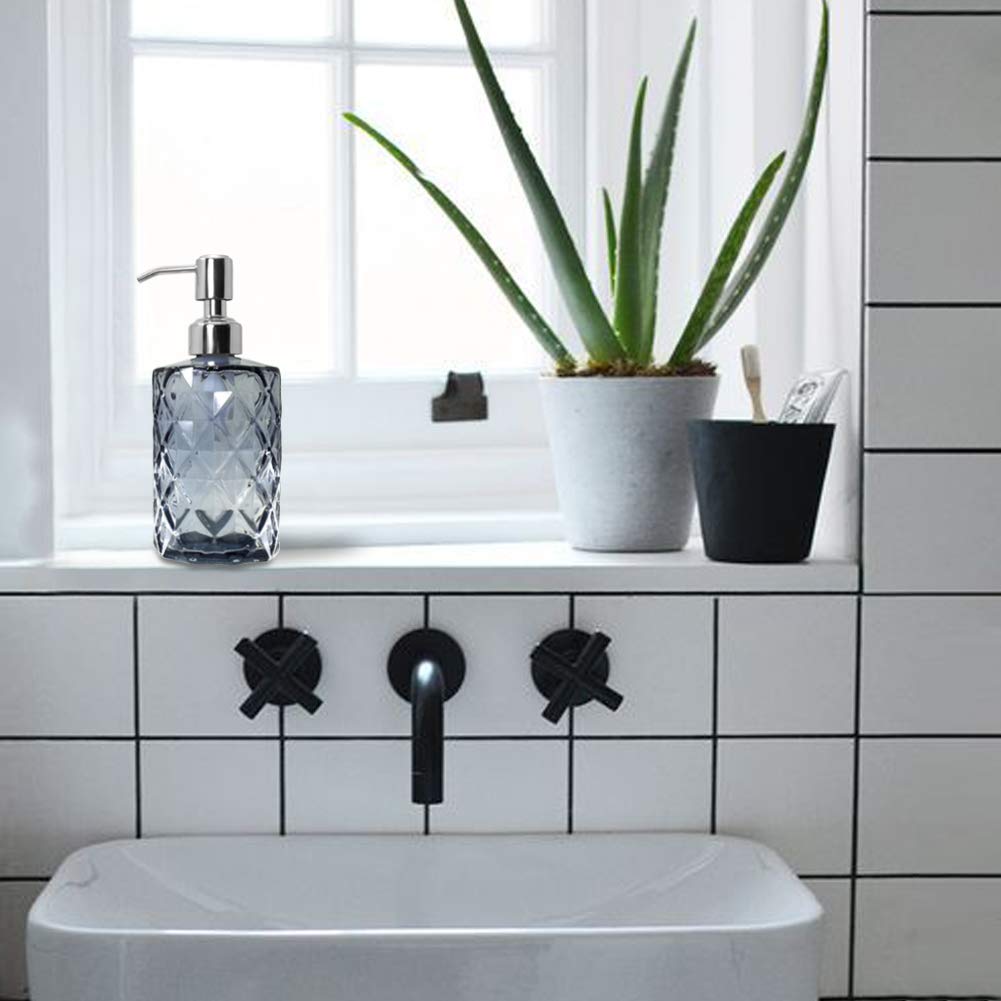 Diamond Design Glass Soap Dispenser with 304 Rust Proof Stainless Steel Soap Pump, 12 Ounce Kitchen Soap Dispenser for Bathroom, Hand Soap, Dish Soap (Grey)