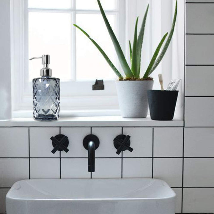 Diamond Design Glass Soap Dispenser with 304 Rust Proof Stainless Steel Soap Pump, 12 Ounce Kitchen Soap Dispenser for Bathroom, Hand Soap, Dish Soap (Grey)