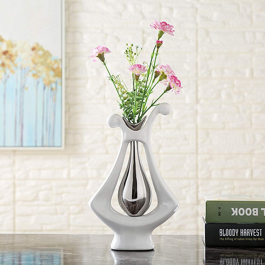 Ceramic Vase Statue Silver Vase White Vase Home Decoration Pottery Decorative Sculpture Dried Flower vase (Silver White vase-99693)