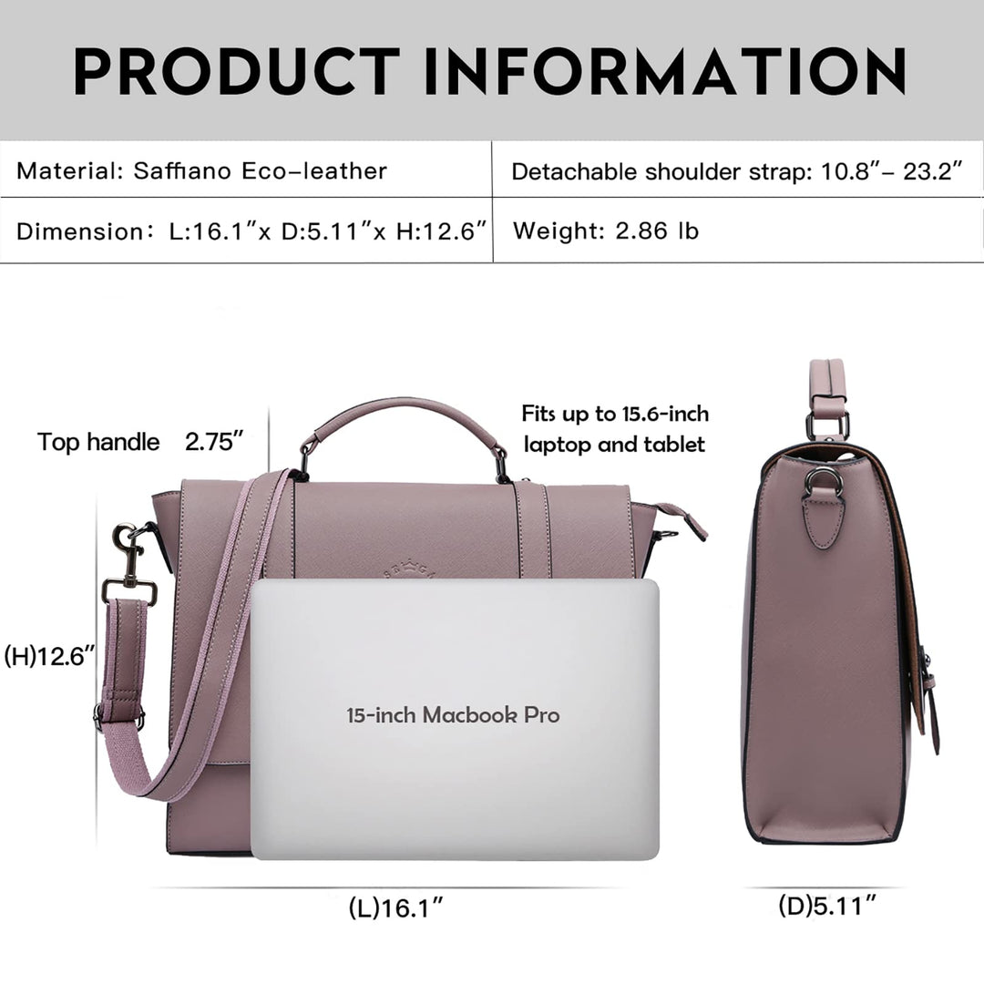 Women&#39;s 15.6 Inch Laptop Briefcase, Vintage Purple Saffiano Eco-Leather, 4 Large Compartments, 2 Slip Pockets, 1 Zip-Fastening Pocket