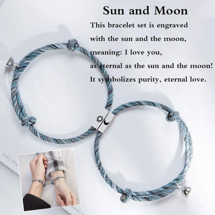 4PCS Sun and Moon Couple Promise Jewelry Set Black Hand-Woven Bracelets Couple Opening Rings for Lovers Best Friends