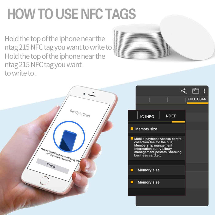 50pcs NFC Tags NFC Cards Ntag215 Stickers RFID Stickers NFC215 tag rewritable NFC Coin Cards Compatible with NFC Enabled Mobile Phones and Devices, Round (25 mm/ 1 Inch)
