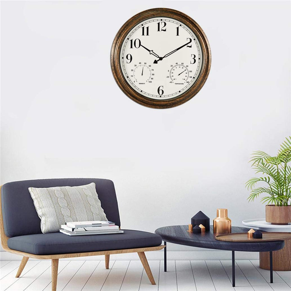 16 Inch Large Indoor Outdoor Wall Clock,Waterproof Non-Ticking Clock with Thermometer and Hygrometer Combo,Battery Operated Clock Wall Decorative-Bronze