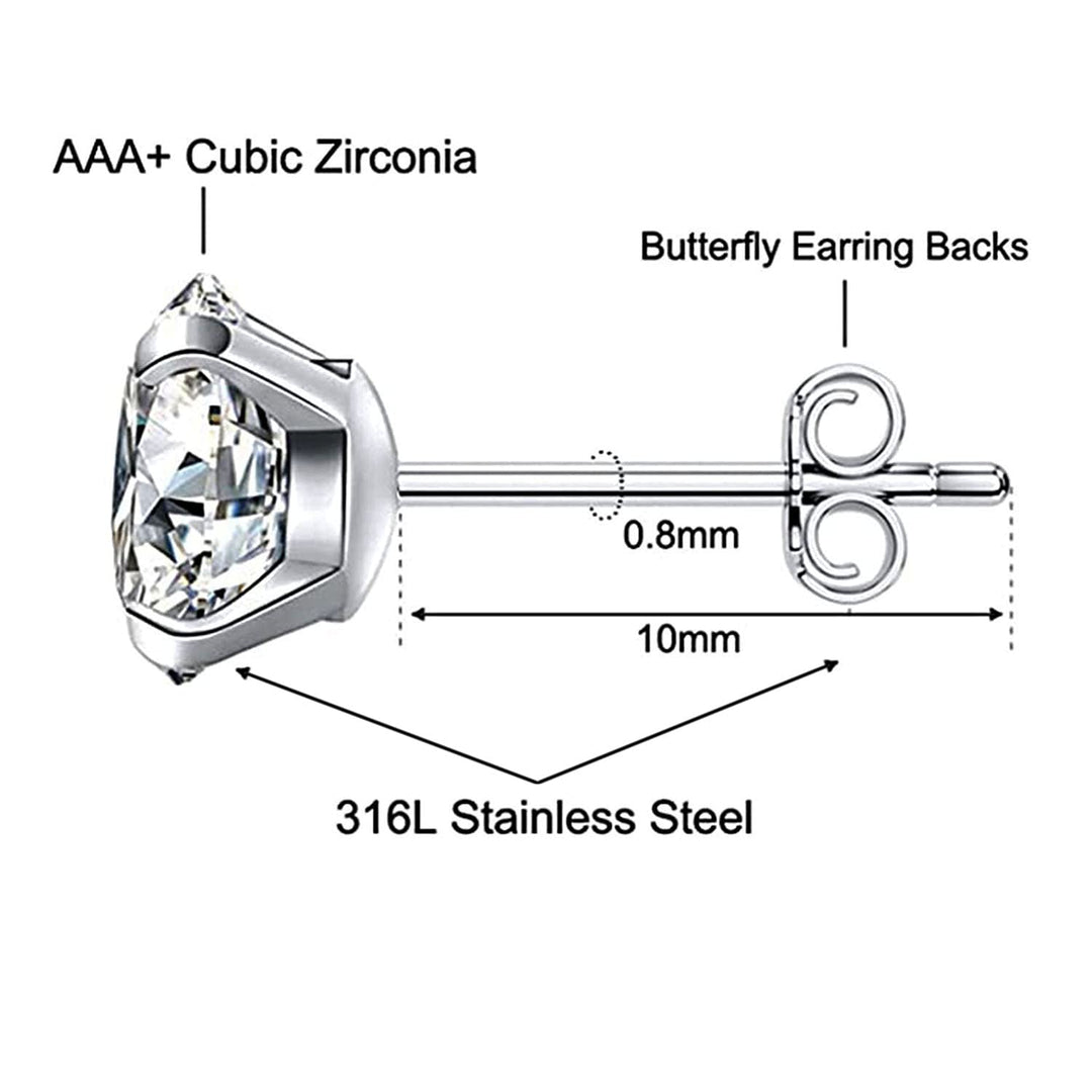 Set of 6 pairs of ear studs lady girl 316L stainless steel cubic zirconia earrings 3-8mm 3mm/4mm/5mm/6mm/7mm/8mm