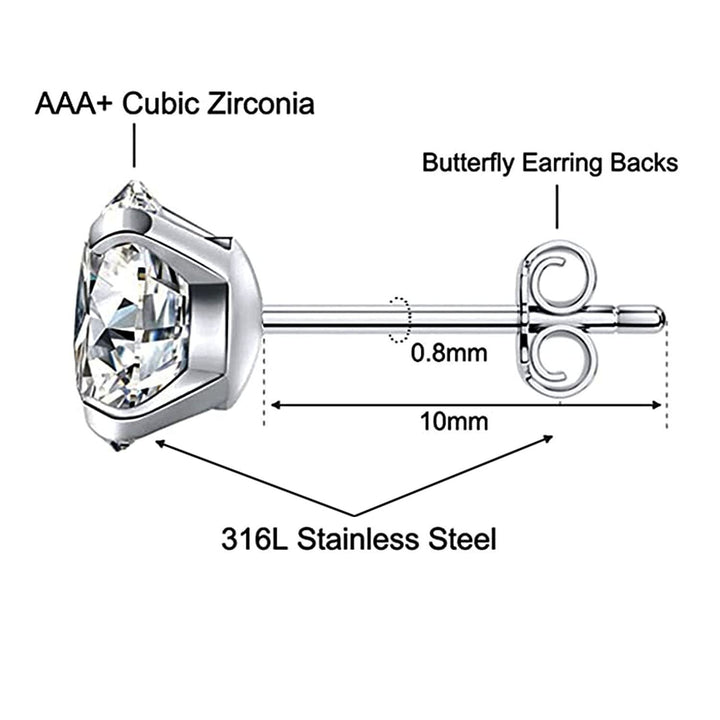 Set of 6 pairs of ear studs lady girl 316L stainless steel cubic zirconia earrings 3-8mm 3mm/4mm/5mm/6mm/7mm/8mm