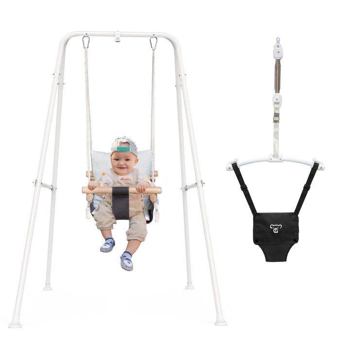 RAGOZONERY 2 in 1 Baby Jumper with Toddler Swing, Baby Jumpers and Bouncers,Indoor Outdoor Toddler Swing Set, Cotton, White