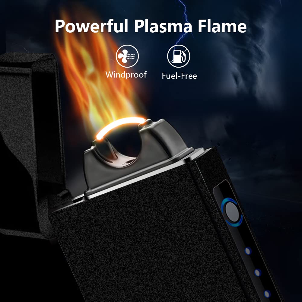Electric Lighter Windproof, Flame Electric Lighter Plasma-Flame Arc Lighter Rechargeable USB Lighter Flame Lighter with Battery Indicator (Black)