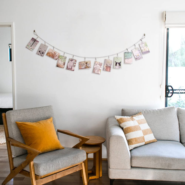 Multi-Purpose Steel Wall Hanging Photo Display Cable Wire Rod with 12 Adjustable Clips for Hanging Photos Notes Postcard and Artworks (Rhombus)