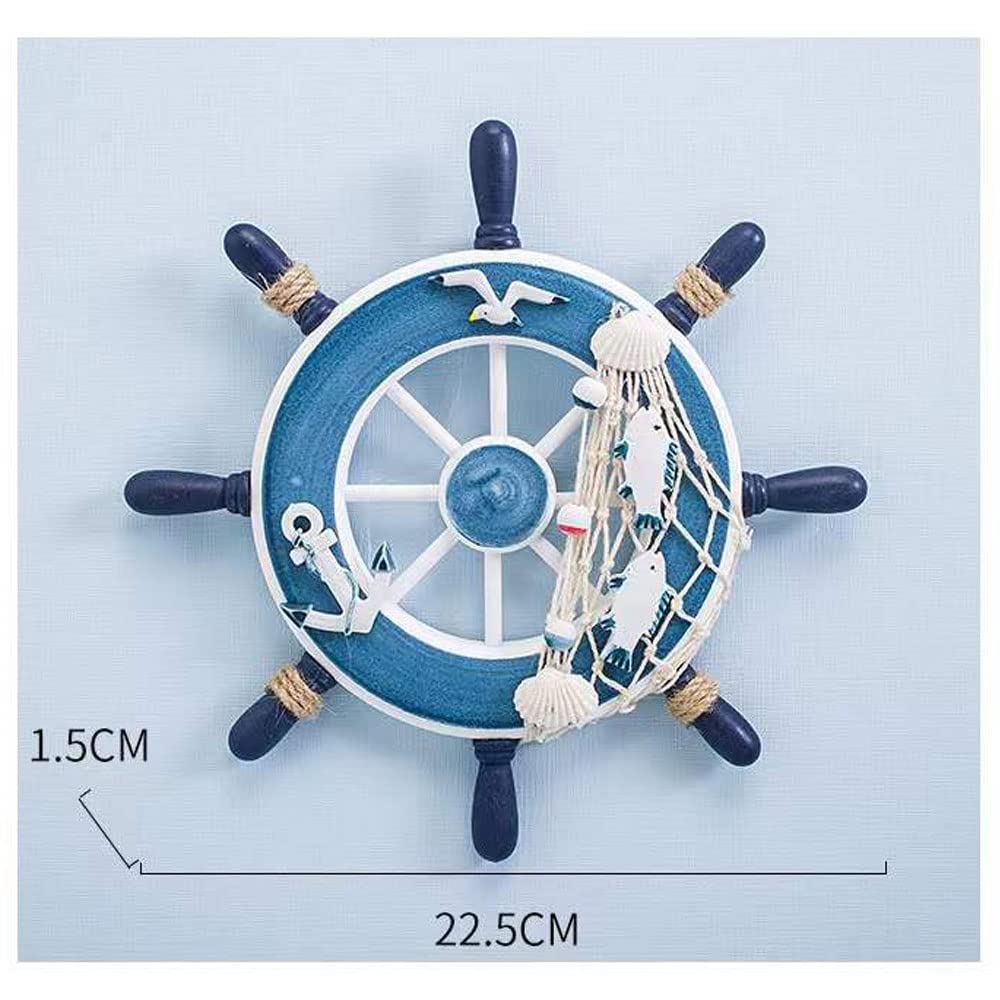 Wooden Ship Wheel Rudder Wall Decor, Nautical Beach Ocean Decor Wooden Boat Ship Steering Wheel Home Wall Hanging Decoration 9 inch (Blue3)