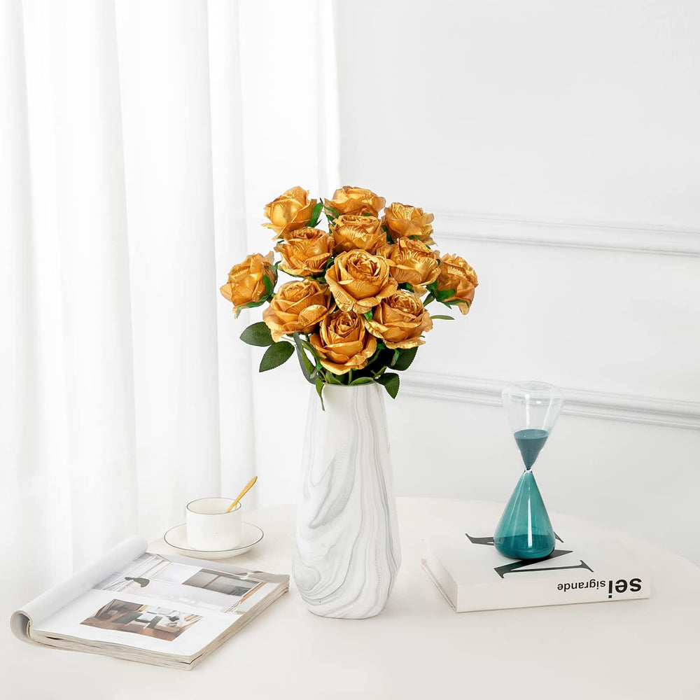 12PCS Artificial Silk Flowers Realistic Roses Bouquet Long Stem for Home Wedding Decoration Party (Gold-1)