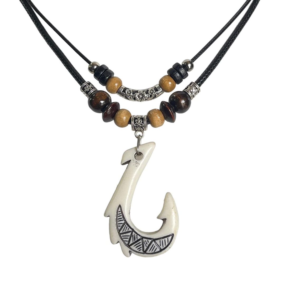 White Hawaiian Fish Hook Pendant Necklace Hemp Cord Chain - Maori Tribal Necklace - Adjustable Black Cord