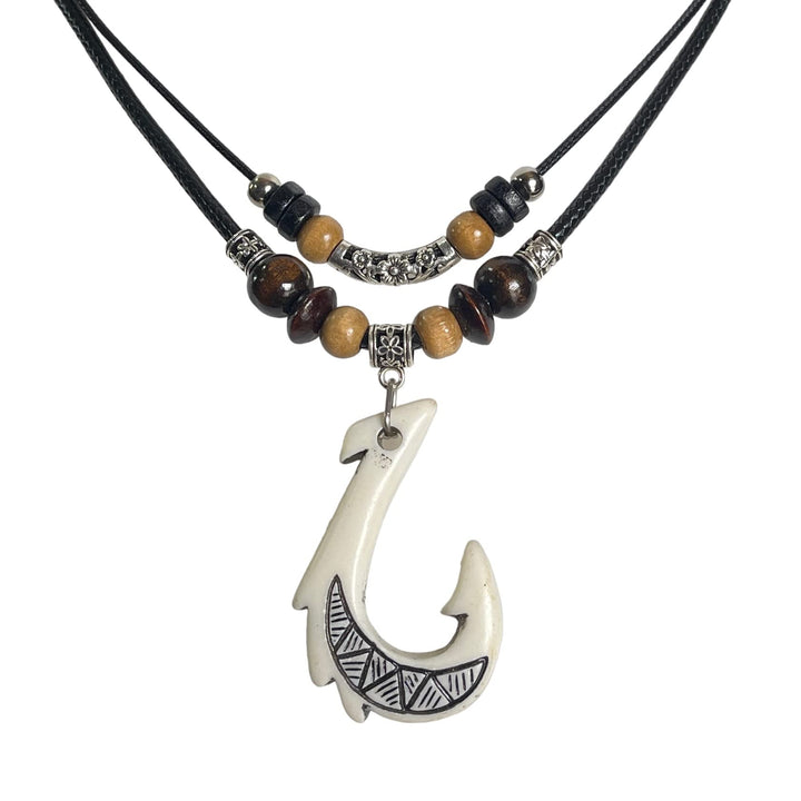 White Hawaiian Fish Hook Pendant Necklace Hemp Cord Chain - Maori Tribal Necklace - Adjustable Black Cord