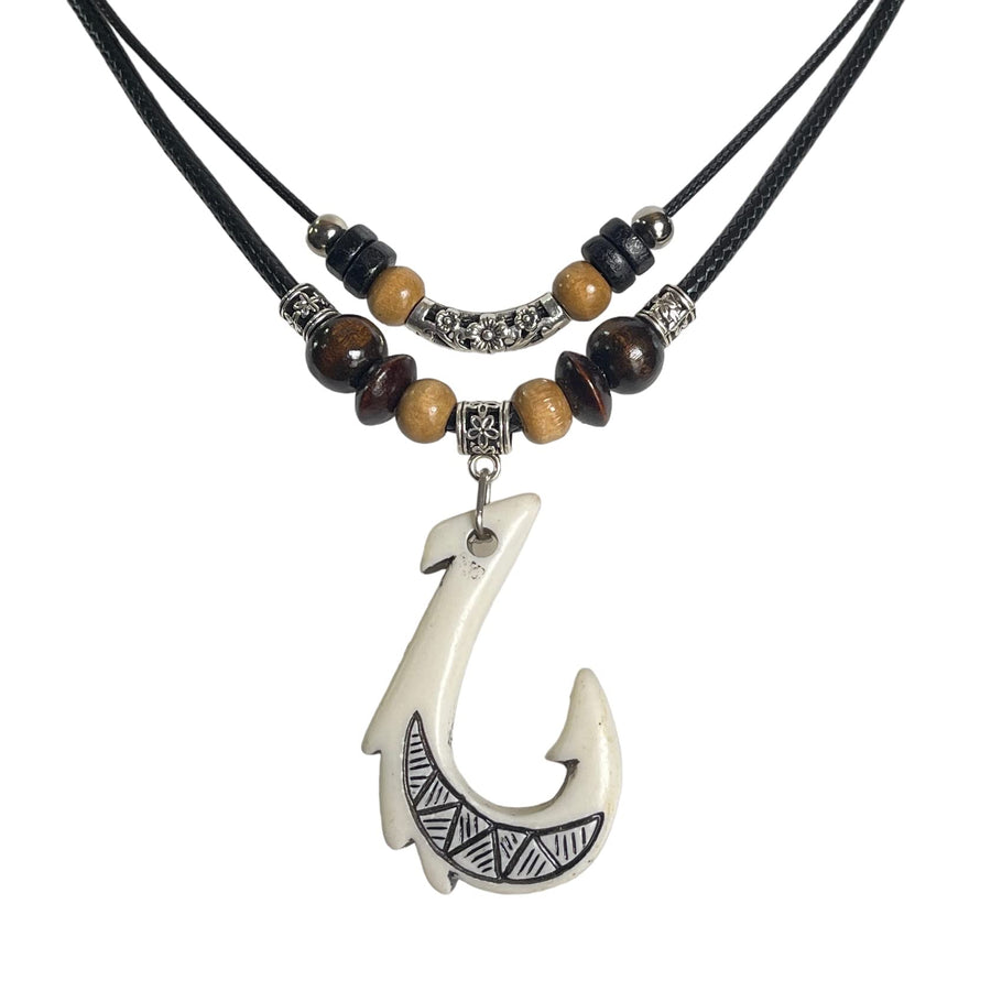 White Hawaiian Fish Hook Pendant Necklace Hemp Cord Chain - Maori Tribal Necklace - Adjustable Black Cord