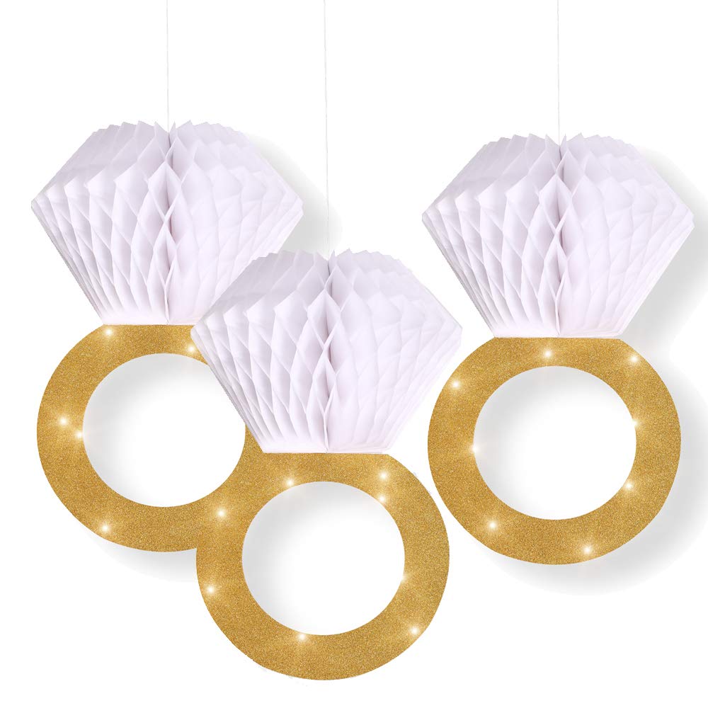 Bachelorette Party Decorations|Bridal Shower Supplies| Honeycomb Ring Hanging Decorations,Glitter Gold Diamond Ring,Perfect for Engagement Wedding Party and Bridal Shower