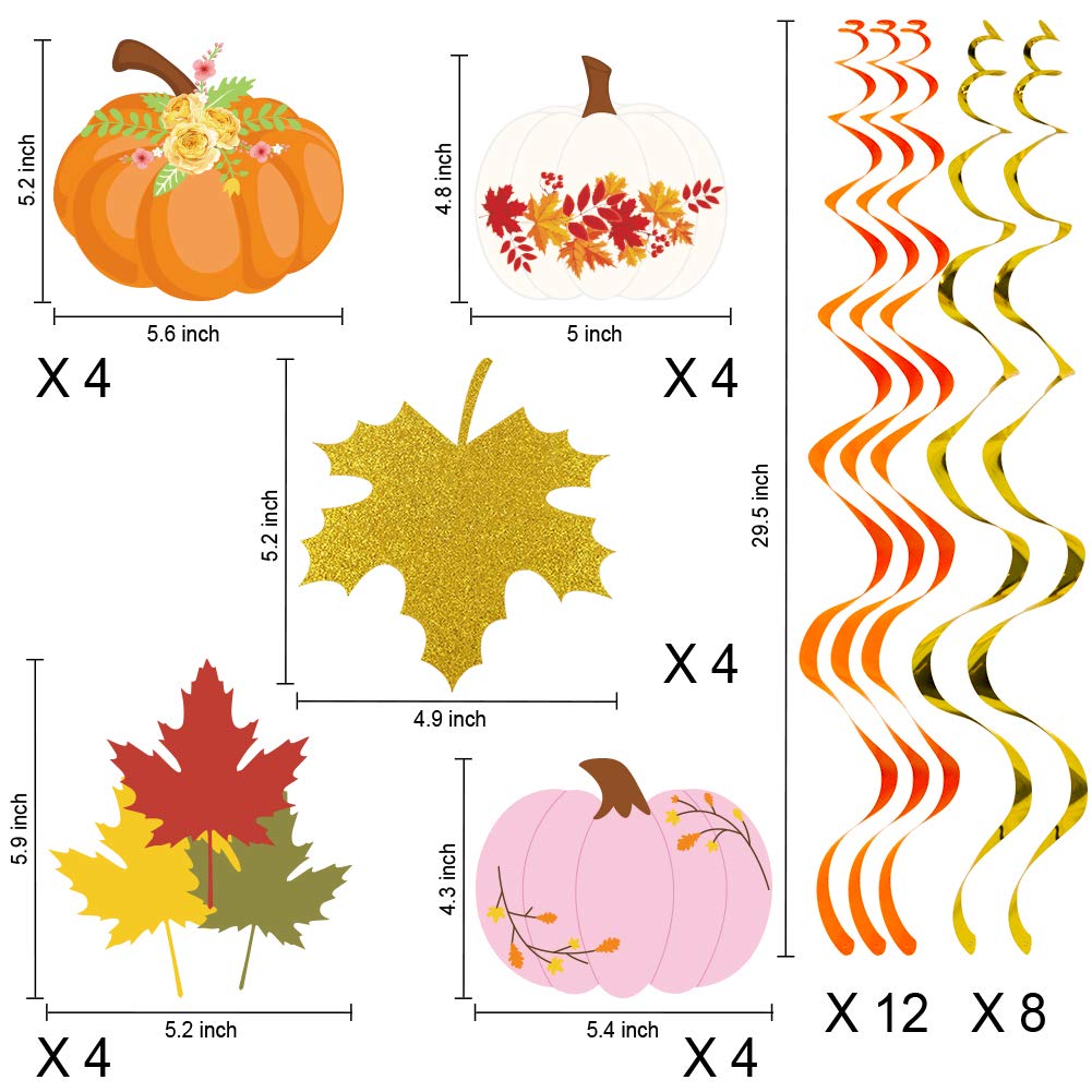 20Pcs Fall Party Hanging Swirl Decorations, Autumn Pumpkin Maple Leaf Thanksgiving Hanging Foil Swirls Streamers, Fall Themed Door Ceiling Decoration for Thanksgiving Halloween Birthday Party Supplies
