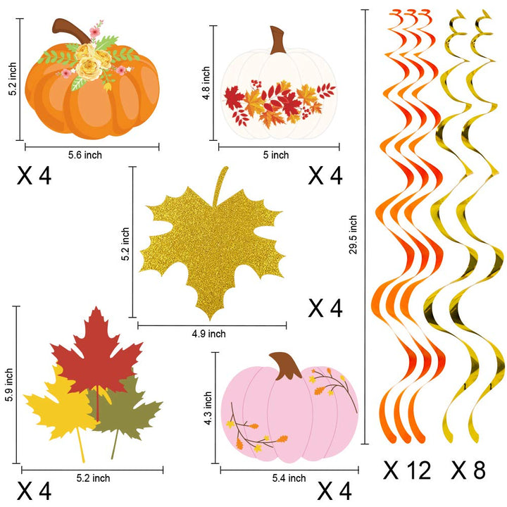 20Pcs Fall Party Hanging Swirl Decorations, Autumn Pumpkin Maple Leaf Thanksgiving Hanging Foil Swirls Streamers, Fall Themed Door Ceiling Decoration for Thanksgiving Halloween Birthday Party Supplies