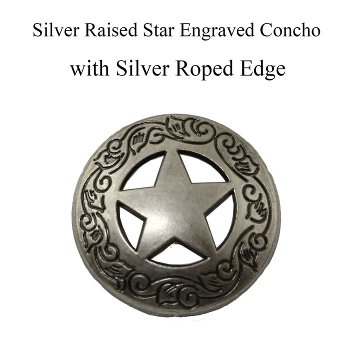 4pcs 1-1/8 Silver Raised Star Engraved Concho with Silver Roped Edge 1/4 Screw Back