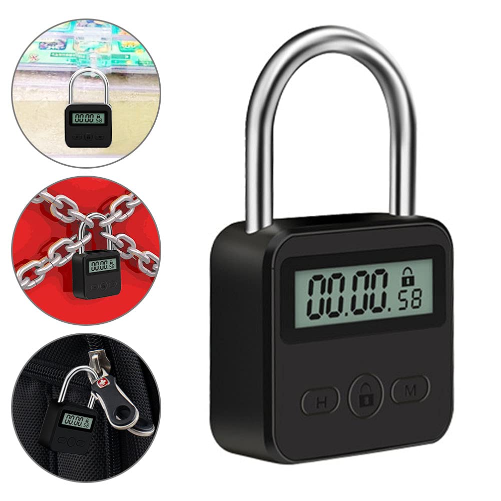 Metal Timer Lock, 99 Hours Max Timing Lock, USB Rechargeable Timer Padlock with LCD Display, Multi-Function Micro Electronic Timer Lock, Heavy Duty Metal Time Out Padlock(Black)