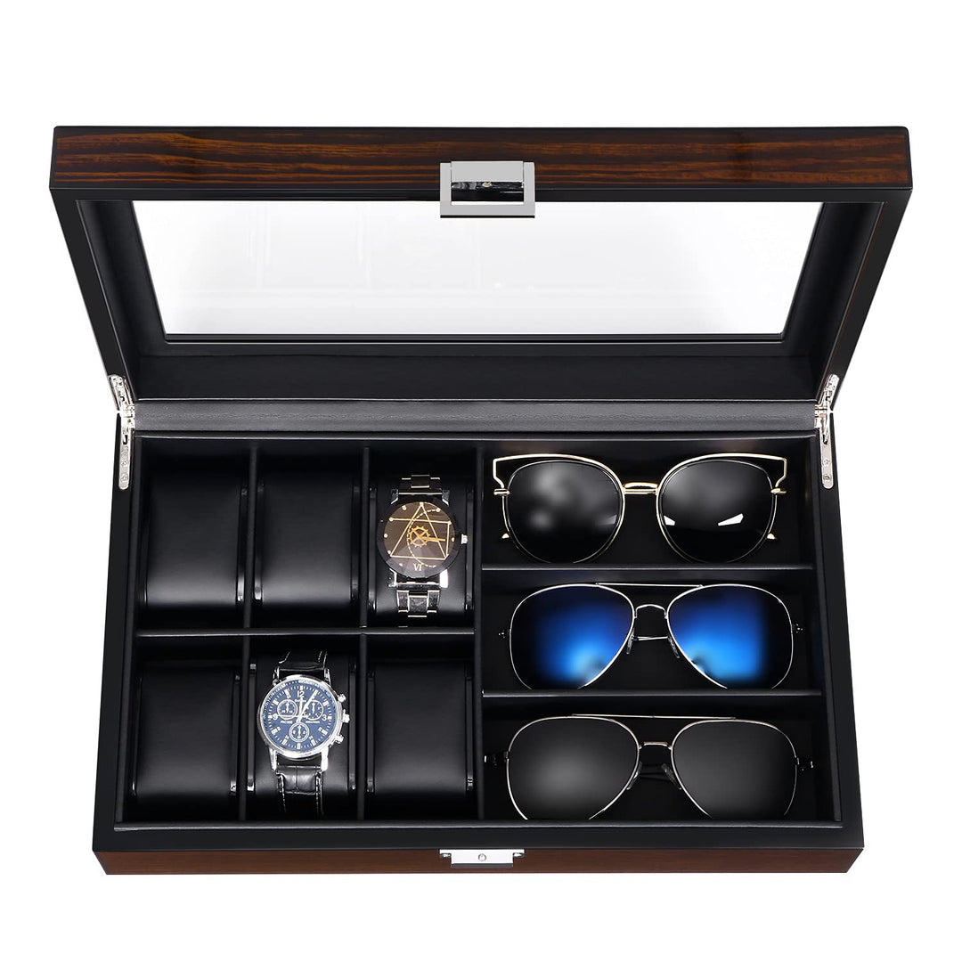 Watch Box Sunglass Organizer with Real Glass Top, 6 Watch Case and 3 Slots Sunglasses Box for Men, Smooth Faux Leather Interior, Brown SSH15Y
