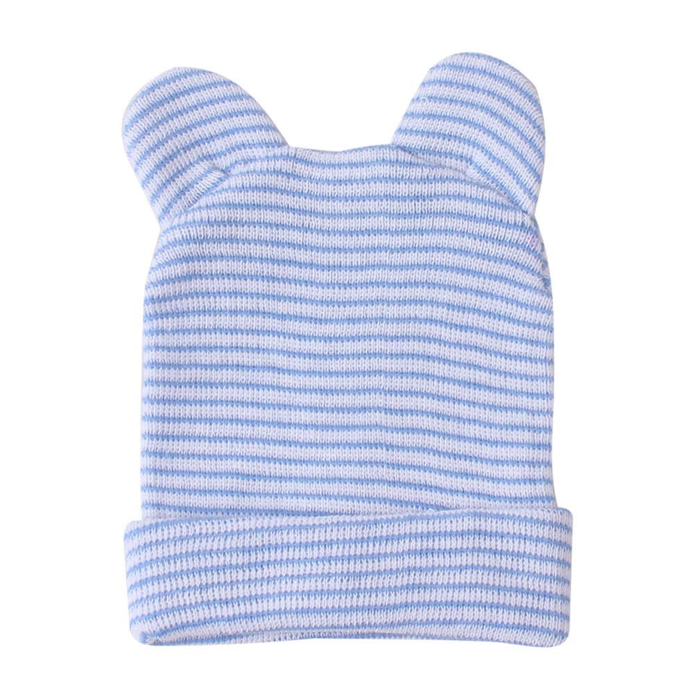 Newborn Hat with Ears - Infant Boys Hospital Hat Baby Nursery Beanie Caps 0-3 Months(3pcs, A White &amp; Blue &amp; Grey)