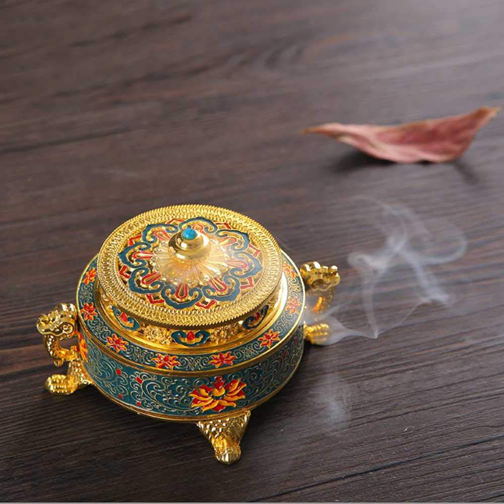 Golden Tibetan Incense Burner Holder for Sticks Cones Coils, Metal Lotus Tibet Decor Chinese Incense Burner, Antique Home Fragrance Accessories
