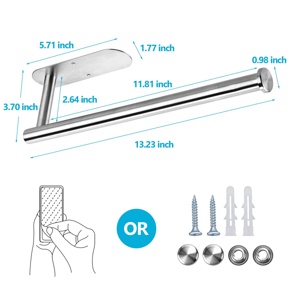 Paper Towel Holder Under Cabinet, Wall Mount Paper Towel Holder - Self Adhesive or Drilling, 13.2 inch Stainless Steel Paper Towels Rolls Rack for Kitchen, Bathroom, Silver