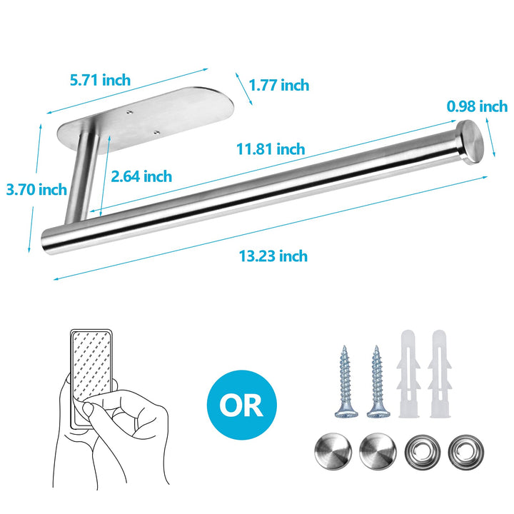 Paper Towel Holder Under Cabinet, Wall Mount Paper Towel Holder - Self Adhesive or Drilling, 13.2 inch Stainless Steel Paper Towels Rolls Rack for Kitchen, Bathroom, Silver